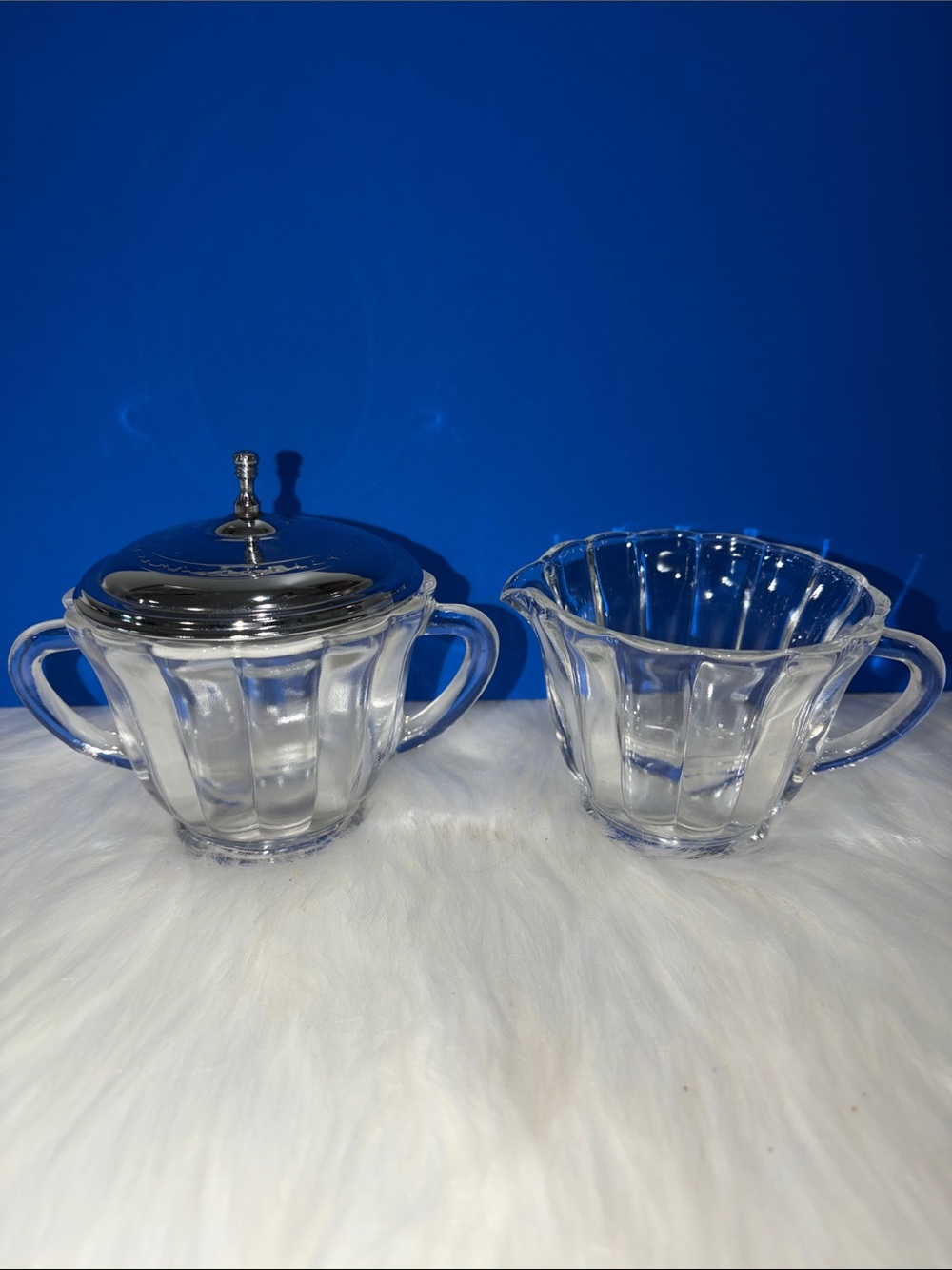Glass Sugar Bowl with Lid and Creamer Set - Clear
